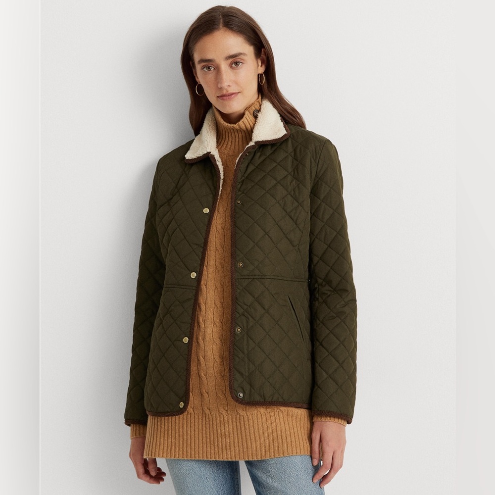 Ralph Lauren Litchfield Loden Quilted Coat Faux Sherpa Collar Olive Green Size M